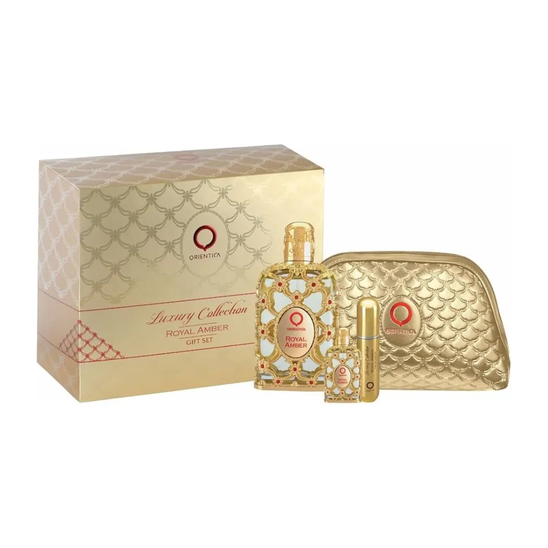 Kit orientica royal amber luxury collection edp 80ml + edp 7,5ml + porta perfume + necessaire - Imagem 2