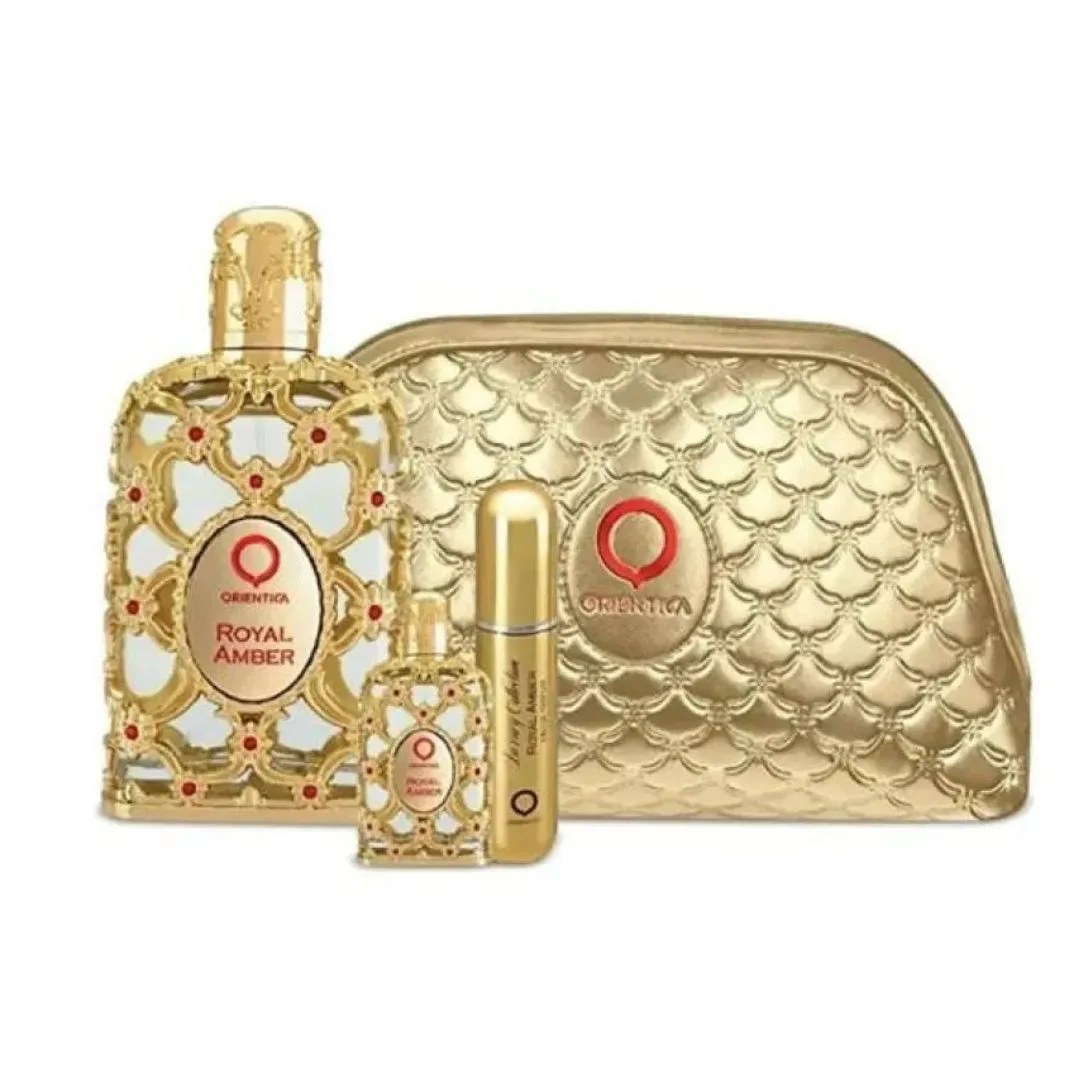 Kit orientica royal amber luxury collection edp 80ml + edp 7,5ml + porta perfume + necessaire