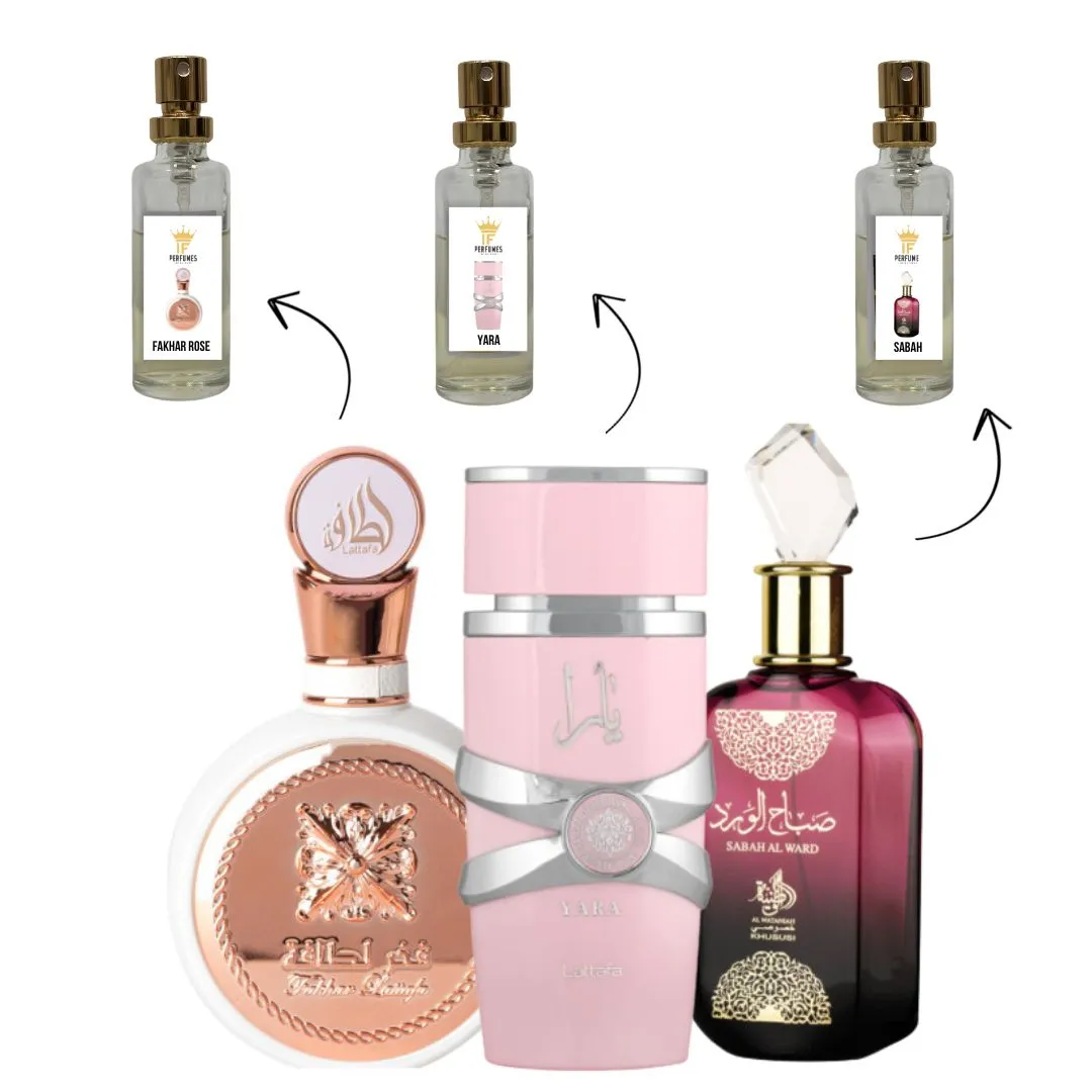 Combo Fakhar Rose, Yara e Sabah - Decant 5ml, 10ml, 15ml